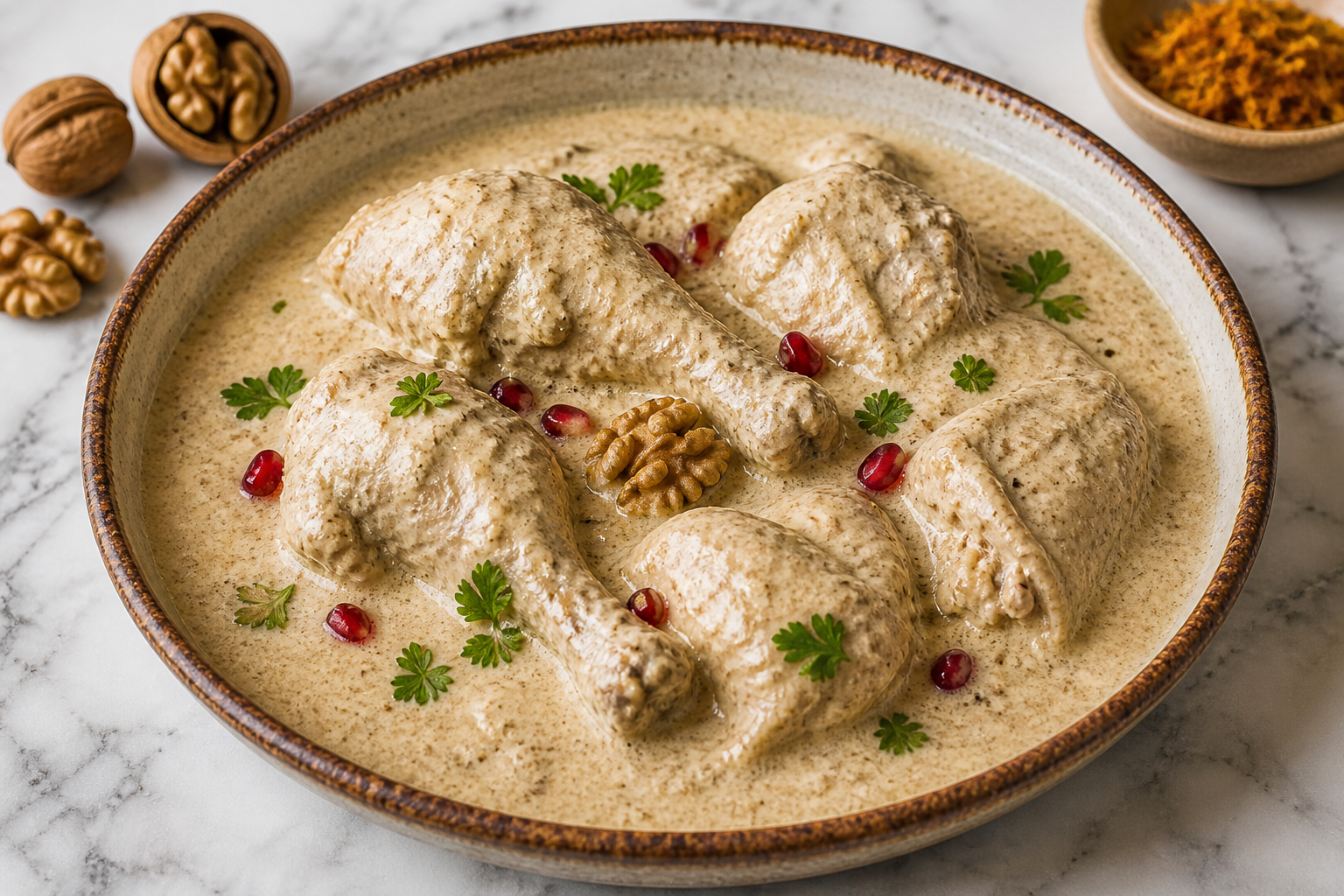 Traditional Georgian satsivi with chicken in creamy walnut sauce